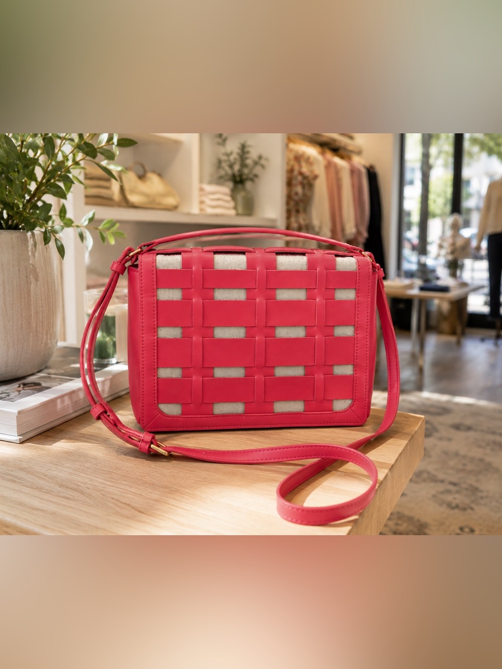 A New Day Pink Woven Basket Weave Crossbody Top Handle Bag - Picture 2 of 14
